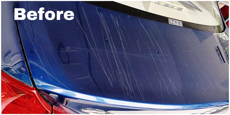 Before paint correction — heavy swirl marks and scratches on Maruti NEXA rear panel